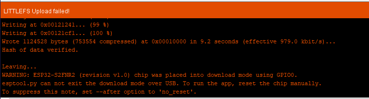 WARNING: ESP32-S2FNR2 (revision v1.0) chip was placed into download mode using GPIO0.
esptool.py can not exit the download mode over USB. To run the app, reset the chip manually.
To suppress this note, set --after option to 'no_reset'.
